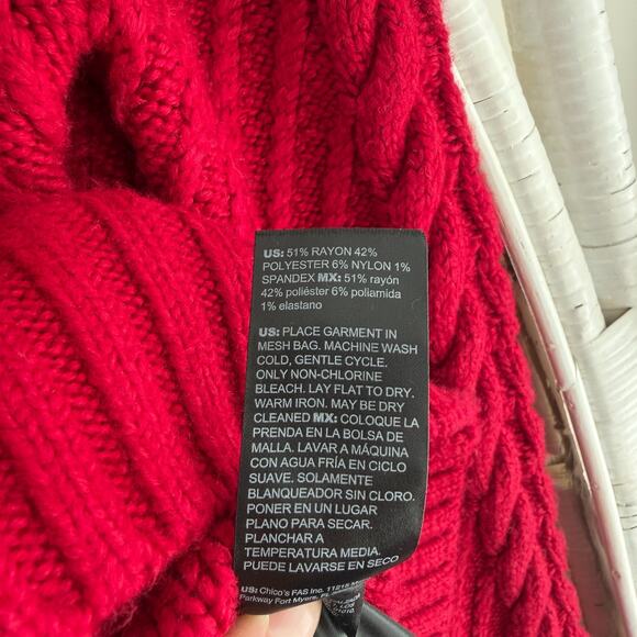 White House Black Market Sweater Medium Red Cable Knit Puff Sleeve Turtleneck - Picture 6 of 14